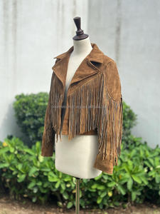 เสื้อแจ็คเก็ตหนังกลับสีน้ำตาลอ่อนลายทางสำหรับผู้หญิง ดีไซน์ทันสมัย พร้อมผ้าถักแบบระบายอากาศ สไตล์คาวเกิร์ลตะวันตกสำหรับฤดูหนาว - Product Image 4