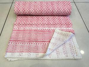 Hand Block Printed Unique Design Handmade Kantha <b>Quilted</b> Bedding Bedspread, Bohemian Reversible Hand Stitched Cotton Kantha - Product Image 3