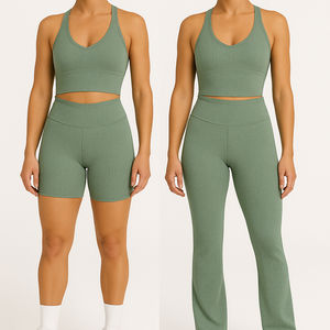 Nuevo estilo para mujer, ropa de gimnasio de secado rápido, conjunto de Yoga de patrón sólido transpirable de talla grande, diseño acanalado impermeable de 2 piezas hecho en Pakistán - Product Image 5