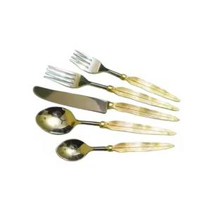 Ensemble de couverts en acier et fourchette, couteau et cuillère à manche en laiton, argenterie dorée, ensemble de couverts - Product Image 1