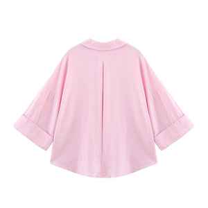 Blusa corta informal de verano de manga larga para mujer, patrón sólido con cordones y decoración de botones, longitud corta - Product Image 2