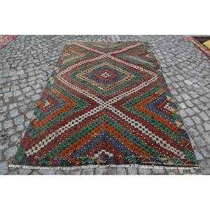 Tapis traditionnel en laine rouge vert 5.6x8.5 pieds Vintage turc grande surface Patchwork motif pour salon décor couloir Latex - Product Image 1
