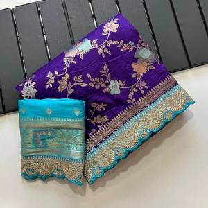 Sari de Seda Dola VASTRA COTTAGE con Bordado Meenakari Zari, Borlas, Cordones, Lentejuelas y Blusa en Contraste para Mujer - Product Image 1