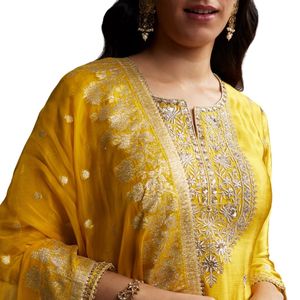 Conjunto de traje amarillo Zari Palazzo con Dupatta, venta al por mayor, Ropa Étnica para mujer, fábrica de ropa OEM, proveedor a granel, moda personalizada - Product Image 3