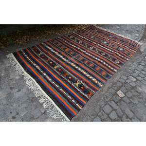 Tapis turc vintage traditionnel orange et bleu 5,9 x 9,8 pieds, tapis en laine patchwork avec dos en latex pour la décoration du salon - Product Image 3