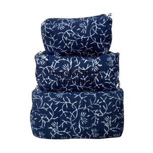 Nuevo y Elegante Juego de 3 Bolsas de Aseo de Tela Acolchada con Estampado Floral Azul, Organizador de Viaje Portátil y Duradero, Estuches para Cosméticos - Product Image 6