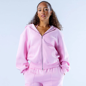 Nouveau sweat à capuche zippé pour femme, rose clair, coupe décontractée, épaules tombantes, anti-rides, respirant, broderie 3D, 100% coton - Product Image 6