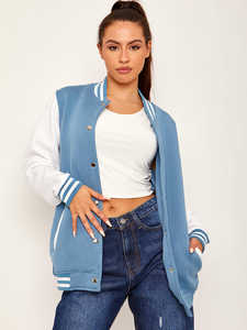 Chaqueta de béisbol Varsity de lona transpirable con mangas de contraste de lana azul de fábrica directa para mujer - Product Image 5