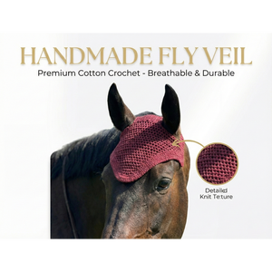 Voile anti-mouches pour cheval en crochet de haute qualité, couleur bordeaux, confortable, avec design en maille respirante et protège-oreilles souple, pour l'équitation et l'entraînement. - Product Image 3