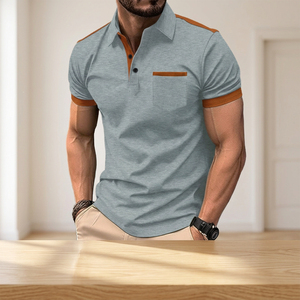 Men's Short Sleeve for Shirt Navy <b>Orange</b> Trim Cotton Pique Casual Breathable Printed Knitted Design Pocket Anti-Wrinkle 180g - Product Image 6
