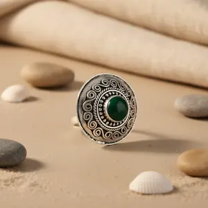 925 Silver <b>Statement</b> <b>Ring</b> for Women Handmade Geometric Design with Emerald Cut Topaz and Morganite Green Onyx Inlay Setting - Product Image 2