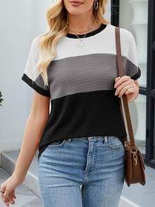 T-shirts en jersey anti-boulochage écologiques pour femmes respirant bloc de couleur broderie à rayures à manches courtes hauts à col rond pour le printemps - Product Image 6