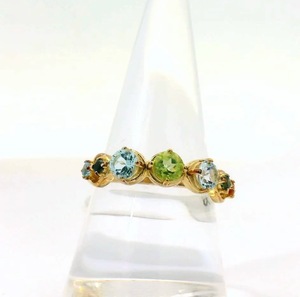 Bague S925 plaquée or 14K, classique et massif, avec topaze suisse bleu ciel naturelle, aigue-marine londonienne, péridot, saphir vert et citrine mandarine - Product Image 1