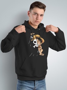 Pull à capuche surdimensionné vintage à manches longues en coton 100% imprimé avec des lettres d'anime Monkey D Luffy, uni, teint en pièce, brodé - Product Image 3