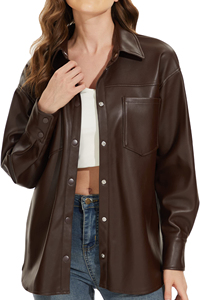 Chaqueta Camisa de Mujer de Alta Calidad, Estilo Casual, con Botones, de Cuero Sintético Ligero, Chaqueta de PU, Blusa de Manga Larga, Abrigo Moderno para Otoño - Product Image 3