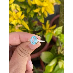 Oval Blue Topaz Engagement Ring 925 Sterling Silver Handmade Gemstone Ring Wholesale Jewelry Supplier - Product Image 2