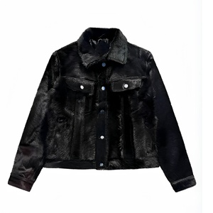 Veste en cuir noire pour homme, veste courte décontractée d'hiver, col rabattu, boutons, matière épaisse - Product Image 1