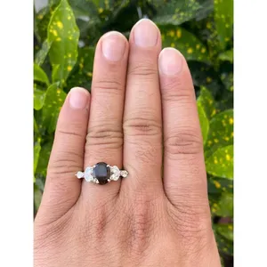 925 Silver Smoky Quartz Ring with Rhodium Plating Geometric Gemstone Ring with Garnet Ruby Bezel Set High-quality Bezel Setting - Product Image 2