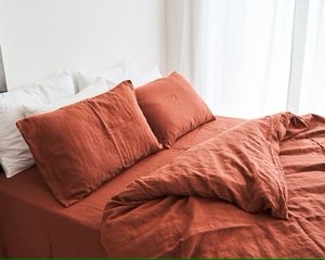 Juego de Funda Nórdica Antiestática de Lino Puro 200TC Personalizado, 3 Piezas, Rojo Ladrillo - Hilo Sólido Lavado, para Tamaños King/Queen, Hogar, Hotel, Hospital - Product Image 4