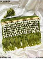 Pochette de Soirée Artisanale de Luxe en Jute Perlé - Sac à Main Bohème de Créateur avec Pompon Coquillage pour Femme - Sac à Main Artisanal Marque Privée