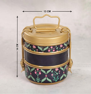 Boîte à lunch en laiton antique, 3 étages, motif floral en relief orné, porte-aliments rond traditionnel, poignée incurvée, à prix de gros - Product Image 2