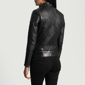 Women's PU <b>Leather</b> Moto <b>Jacket</b> Quilted Stand Collar Zipper Closure Full Sleeve Black Autumn Style - Product Image 4