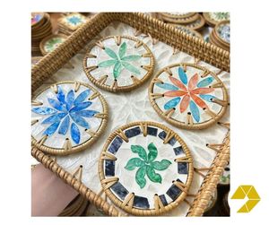 Eco sustainable table decoration including conch placemate rattan <b>plate</b> handmade style and shiny mother of pearl mosaic coasters - Product Image 4