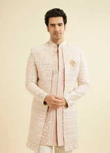 Sherwani exclusif pour les cérémonies de mariage Designer Dusty Pink Slim Fit Sherwani Jacket Set avec miroir Work - Product Image 3