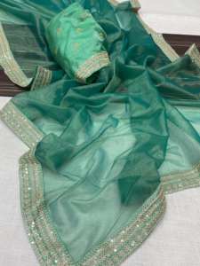 Collection Premium Evergreen Designer Outfit, sari en tissu zari de qualité supérieure, doux, avec broderie et travail de codage, fabrication indienne. - Product Image 4