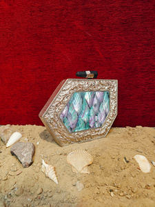 Geometric Abalone Shell Mother of <b>Pearl</b> <b>Clutch</b> with Textured Silver Frame and Statement Stone Lock Luxury Evening <b>Bag</b> - Product Image 2