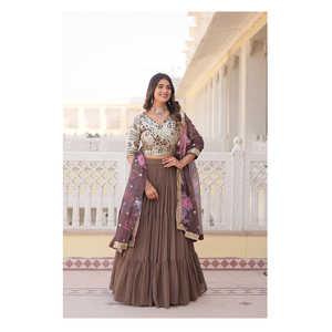 Faux Georgette <b>Fabric</b> <b>Sequins</b> Embroidered Blouse Women's Fully Flaired Lehenga Choli with Digital Printed Dupatta - Product Image 1