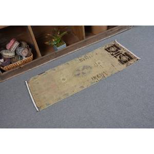 Tapis turc vintage 1,4x3,8 pieds Beige bleu fait à la main en laine peluche hauteur forme rectangulaire abstraite pour chambre Patchwork Design - Product Image 2