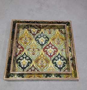 Ensemble de plateau en bois élégant Art déco finition brillante plateau d'impression en émail élégant pour le service de thé événement restauration décor à la maison avec plante - Product Image 1