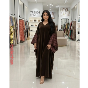 Robe de soirée en velours marron chocolat, à manches courtes, modeste, style A, à sequins, col en V, longueur au sol, tendance arabe, Koweït - Product Image 5