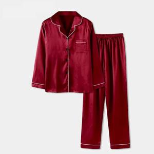 Haute qualité rouge Satin soie femmes costume de nuit plaine femmes vêtements de nuit 2 pièces pyjamas ensemble confortable vêtements de nuit pour les femmes - Product Image 3