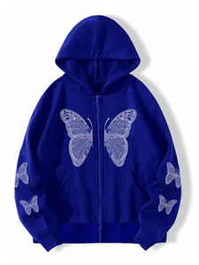 Sudadera con Capucha Azul para Mujer, con Cierre y Estampado de Mariposas con Lentejuelas, Estilo Casual para Otoño, 100% Algodón Tejido, Corte Regular - Product Image 1