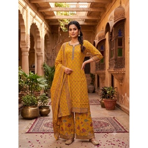 Ensemble Kurta et Palazzo Traditionnel Indien pour Femme en Coton Jaune, Vêtement Ethnique de Créateur, Coton Premium, Impression Numérique, Décontracté - Product Image 1