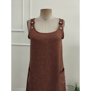 Robe en lin pour femme, sans manches, à bretelles épaisses, avec détail bouton et poche, 37216 - Café - Product Image 5