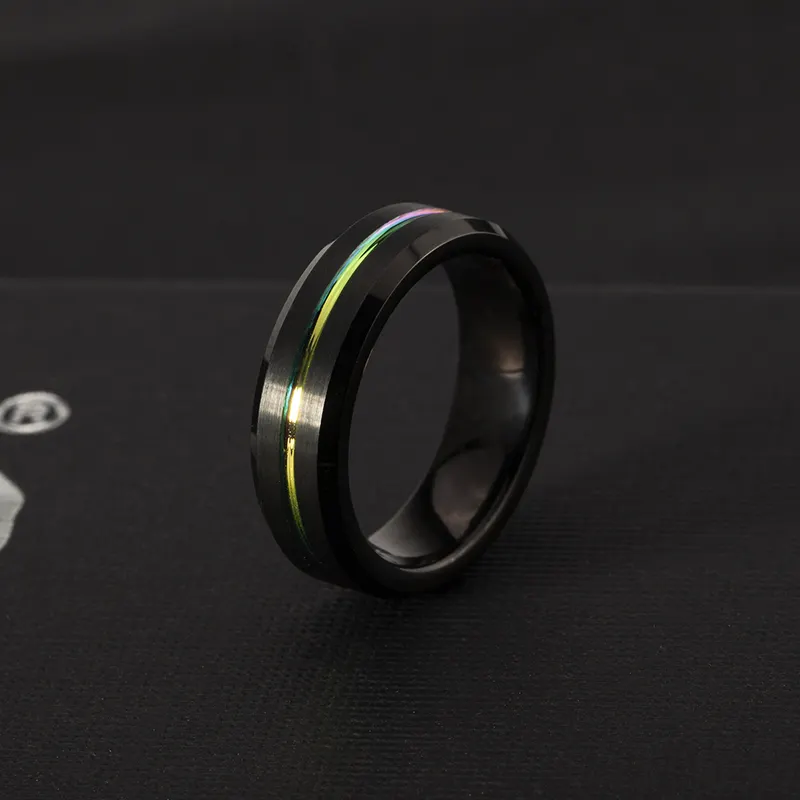 Anillos carburo de tungsteno para hombre Acabado mate pulir Anillo de compromiso de eternidad Anillo central estriado negro