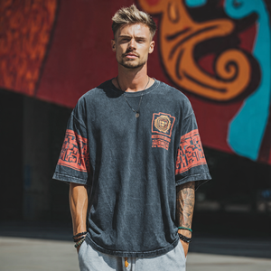 <b>Drop</b> Shoulder Printed Tee Shirt Men Baggy Acid Wash Print T Shirt Men's Summer Street Vintage Wash Printed TShirt Mens - Product Image 1