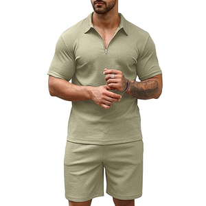 Ensemble polo et short pour homme Mode estivale manches courtes fermeture éclair solide 2 pièces Tenues pour homme - Product Image 6