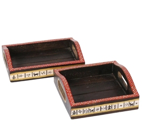 Juego de dos bandejas de madera de mango pintadas lateralmente con asas, bandeja decorativa para servir, Plato decorativo para mesa de desayuno - Product Image 5