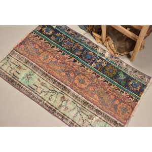 Tapis Turc Vintage 2.2x3.3ft Bleu Beige Tissage Plat Laine Patchwork Motif pour Salon Couloir Décorations Latex Soutenu - Product Image 4