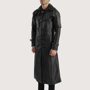 Abrigo de Cuero con Capucha Huntsman Negro, Estilo Elegante de Gabardina - Product Image 2