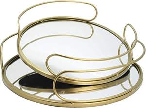 Plateau miroir doré de luxe, rond, en métal, décoratif, pour cosmétiques, plateau de rangement pour bijoux en verre orné, plateau de service pour la décoration de la maison - Product Image 6