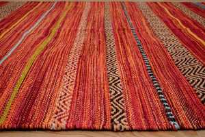 Handwoven Kilim Area Rug | Red Multicolor Striped Wool Carpet Geometric Pattern Flat Pile Pet Friendly Eco-friendly Cotton - Product Image 6