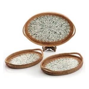 Vente chaude Antique MOP & Jute Plateaux De Service Moderne De Luxe Rond Ovale Design avec Poignées Premium Décor De Noël Plateaux À Faible Taux - Product Image 1