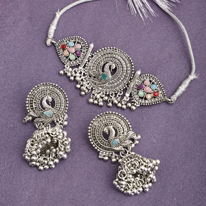 GS Multicolor Peacock <b>Choker</b> with Zircon for Party Occasions - Product Image 1