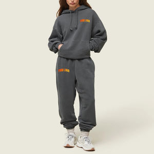 New arrived boxy fit Women's Tracksuit Custom printed Logo loose fit drop shoulder 100% cotton solid grey tracksuit for women - Product Image 1