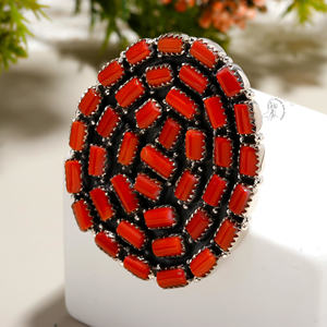 Anillo de declaración hecho a mano de Plata de Ley 925 de estilo clásico al por mayor, piedra preciosa de Coral para compromiso de mujer y fiestas de boda - Product Image 4